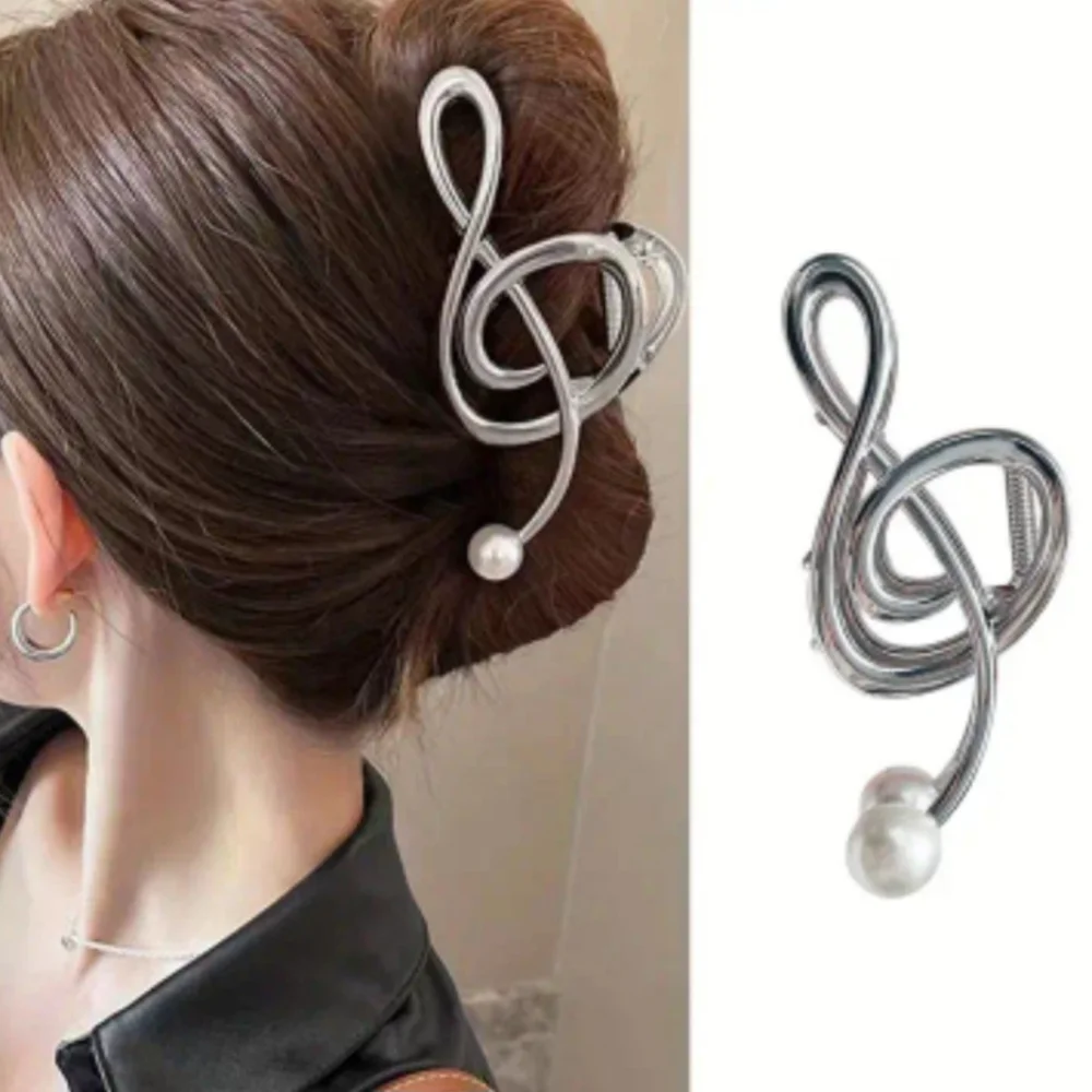 Music note decor metal hair clip (silver) - Picture 2 of 5